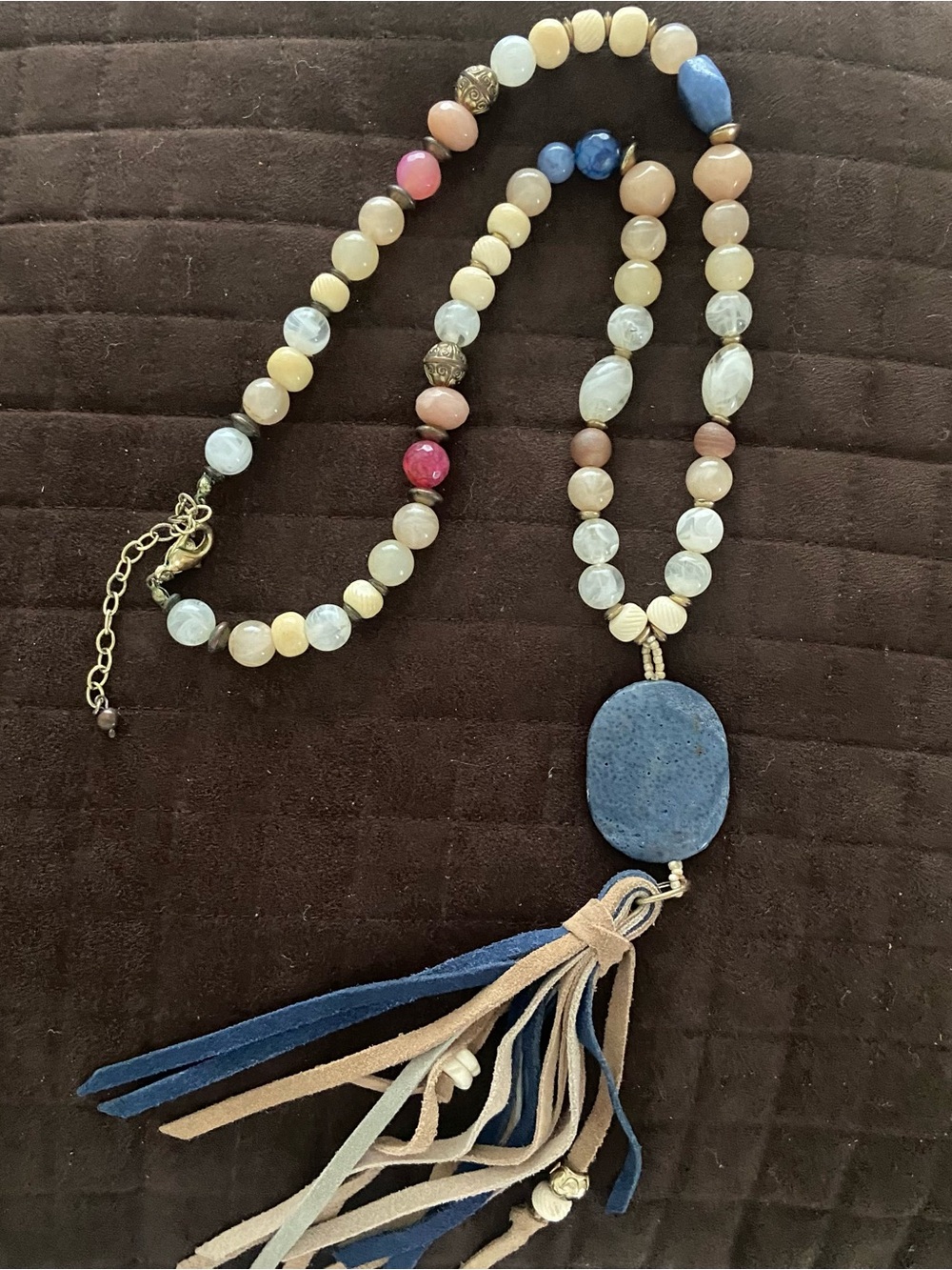 Chico’s Boho Blue Stone Tassel Beaded Necklace - with beautiful stones, leather